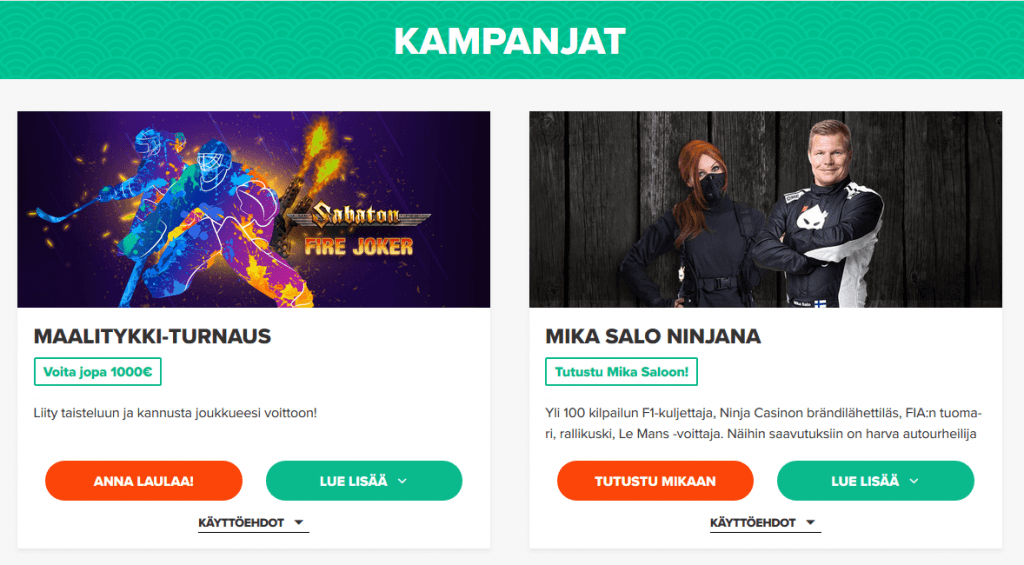Bonuksia ja kampanjoita Ninja Casinolta